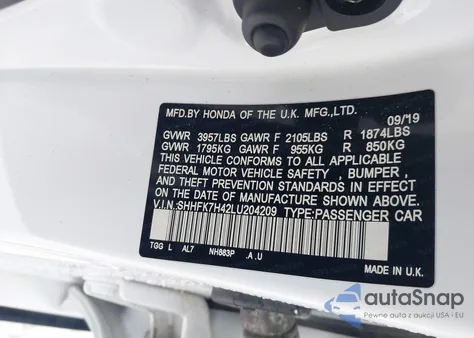 2020 Honda Civic Sport from USA, damaged, VIN SHHFK7H42LU204209